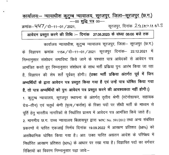 Family Court Surajpur Recruitment 2023-2024