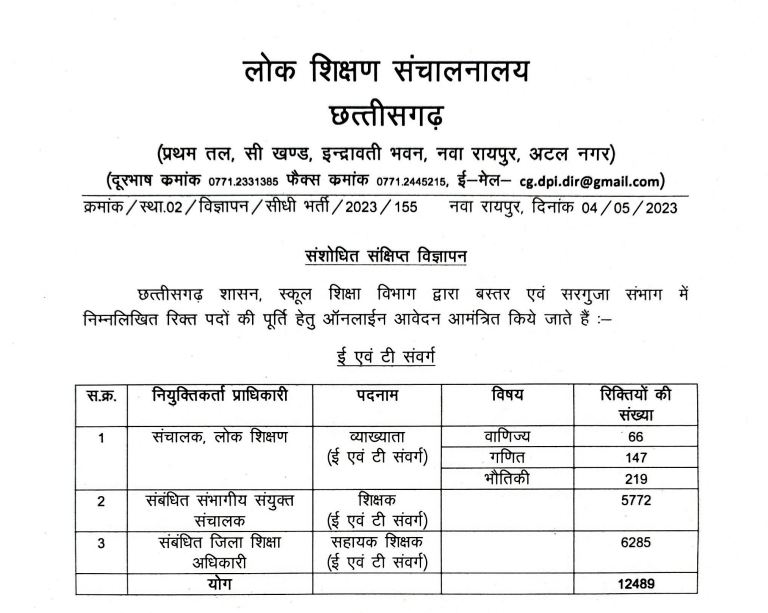 CG Vyapam Teacher Recruitment 2023-2024