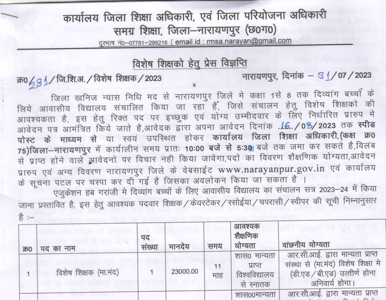 Samagra Shiksha Narayanpur Recruitment