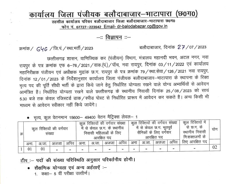 District Registrar Balodabazar Recruitment