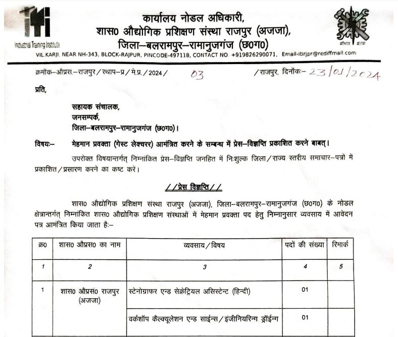 ITI Balrampur-Ramanujganj Recruitment 2024